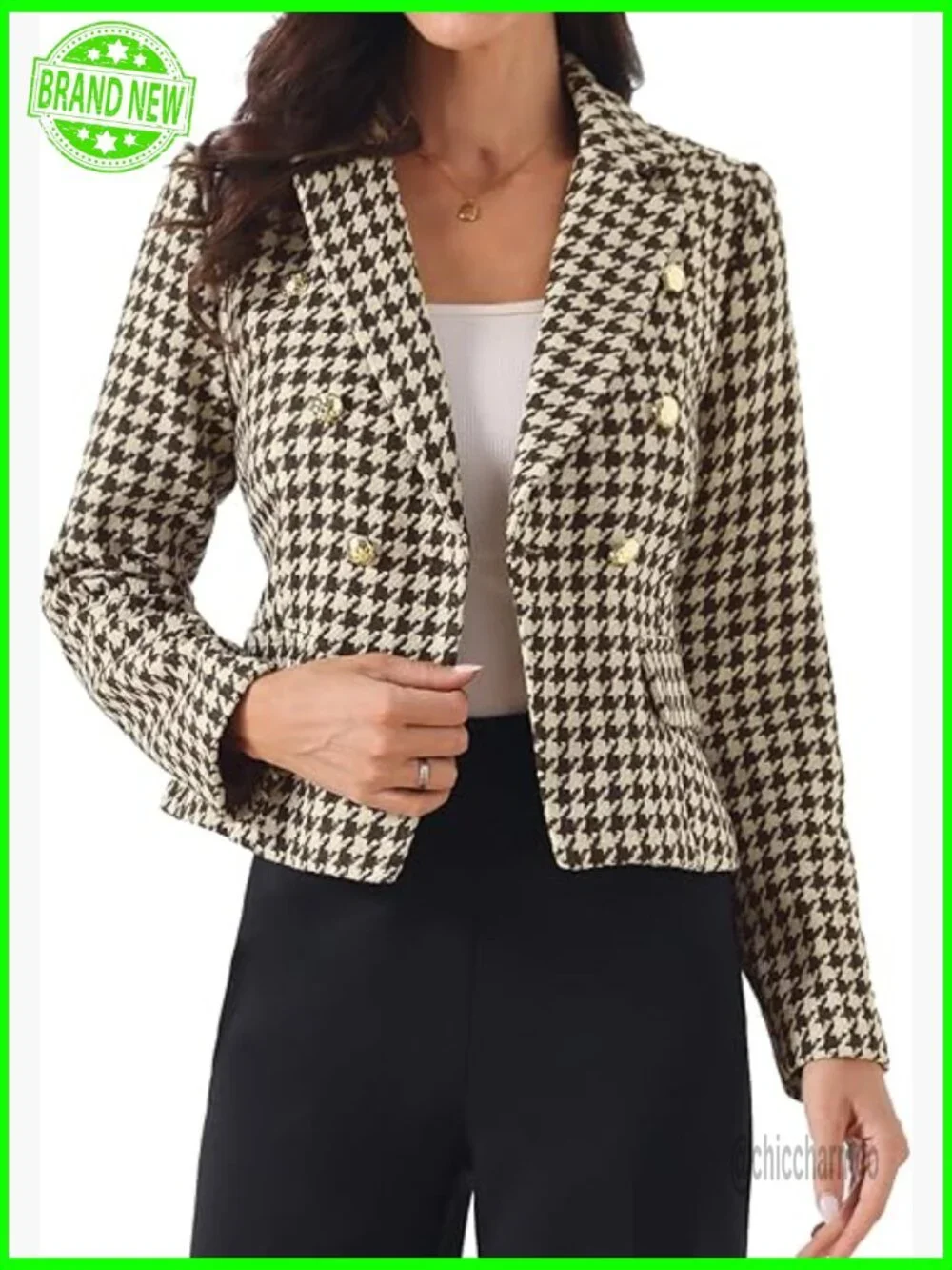 Cropped Houndstooth Blazer Notch Lapel Long Sleeve Button Down Work Jacket